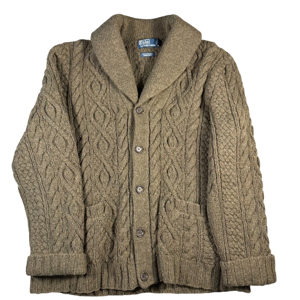 Polo Ralph Lauren Hand Knit 100% Lambswool Rare Shawl Cardigan Sweater Mens XL L